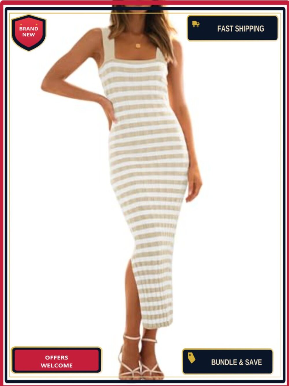 Women's Striped Ribbed Knit Bodycon Midi Dress Sleeveless Square Neck Side Slit